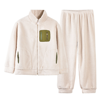 新一步睡衣女士蛋白绒长袖立领拉链厚款珊瑚绒可外穿家居服两件套