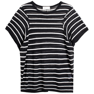 322WORKHOUSE亚麻针织短袖t恤女士2025新款夏季微透条纹上衣B713