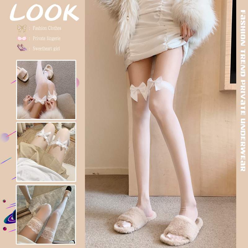 日系jk纯欲白丝甜美蝴蝶结蕾丝花边长筒过膝黑丝袜薄款半截大腿袜