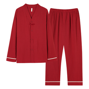 牧柔翻领简约风大红简约纯棉休闲开衫长袖宽松男款青少年春季睡衣
