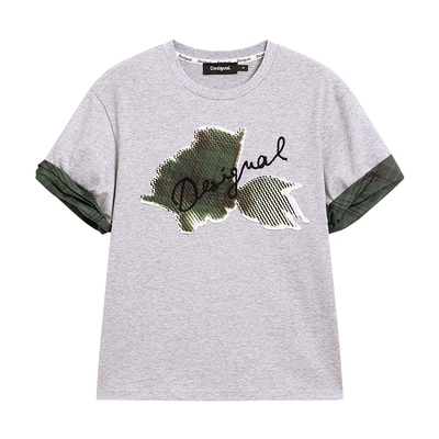 Desigual26春夏新品宽松格纹印花贴布圆领短袖女式T恤