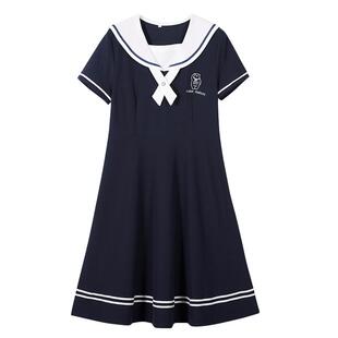 初中生连衣裙青秋少女装学院风高中学生海军领收腰裙子夏装新款