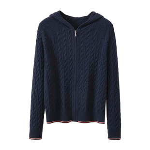 【100%山羊绒】春竹25秋冬连帽绞花拉链厚款保暖毛衣女羊绒开衫