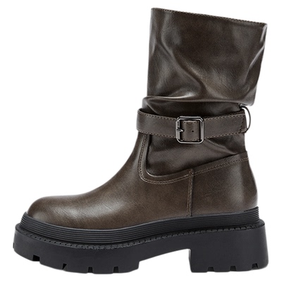 达芙妮棕色短靴厚底马丁靴女