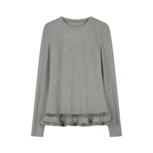 BLUEerror修身显瘦花边圆领白色长袖t恤女叠穿针织打底衫早秋上衣