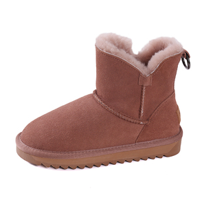 冬季羊皮毛一体雪地靴女靴子牛皮羊毛中筒棉鞋防滑底短筒加绒短靴