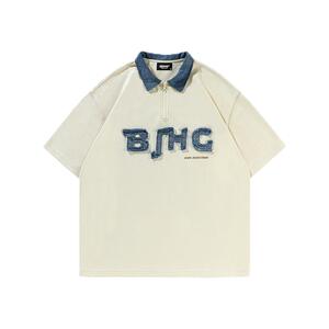 BJHG牛仔拼接polo衫短袖男夏季潮牌街头美式休闲珠地棉T恤衣服女