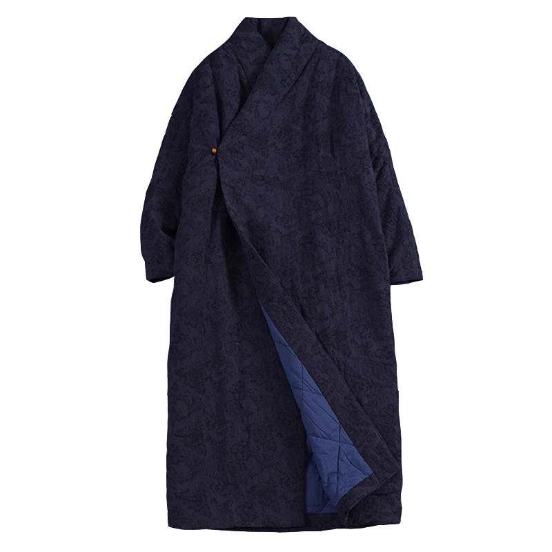 随心 冬季文艺复古中式禅意棉麻提花加厚汉服长款棉袍保暖夹棉衣
