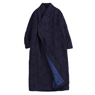 随心 冬季文艺复古中式禅意棉麻提花加厚汉服长款棉袍保暖夹棉衣