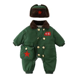 婴儿衣服冬装加绒保暖军装满月宝宝小红军连体棉衣周岁军大衣爬服