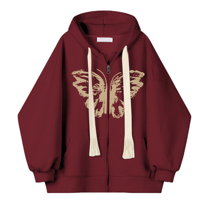 重磅加绒加厚蝴蝶美式开衫拉链休闲连帽卫衣外套男女秋冬季慵懒风