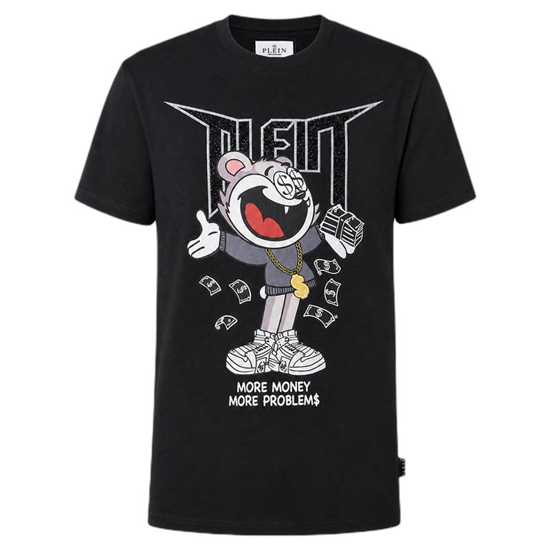 PHILIPP PLEIN 夏季男士黑色T恤复古老鼠图案宽松休闲圆领短袖