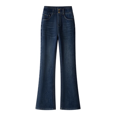 复古加绒高腰微喇牛仔裤女秋冬