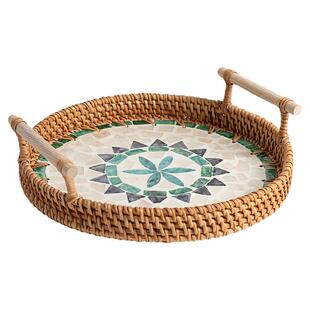 藤编贝壳圆盘深海彩贝提耳托盘双耳美食水果盘面包篮创意民宿茶盘
