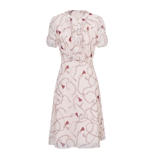 Scofield女装通勤印花连衣裙蓝色短袖抽褶雪纺裙夏季裙子