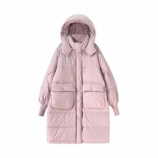 90白鸭绒大口袋螺纹袖连帽羽绒服女长款2025年冬季新款保暖外套潮
