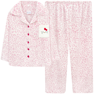 HelloKitty珊瑚绒睡衣女冬季加厚可爱豹纹家居服冬天保暖毛绒套装
