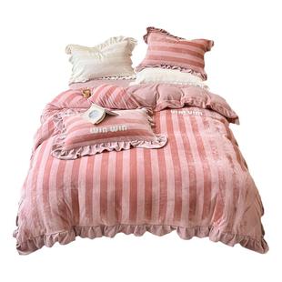 加厚条纹AB双色纱牛奶绒提花四件套保暖法兰绒珊瑚绒秋冬床上用品