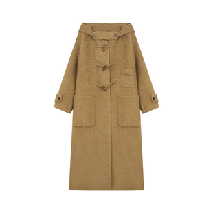 BLUEerror 全羊毛牛角扣连帽双面呢女长款毛呢外套冬季呢子大衣