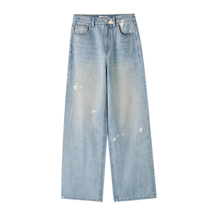 REMOULD 25年春季新款小个子浅蓝小众涂脏泼墨高腰阔腿牛仔女裤