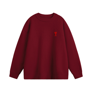 Ami iepo官方红色针织毛衣男女情侣秋冬季高级感百搭宽松简约上衣