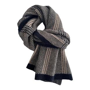 羊毛混纺针织保暖条纹拼色格子围巾女冬季氛围感韩系格纹高级感男