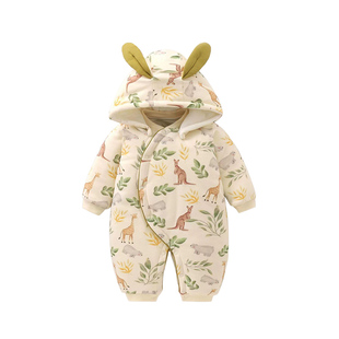 婴儿棉服秋冬加厚夹棉连体衣小月龄宝宝外出服带帽可拆拜年服纯棉