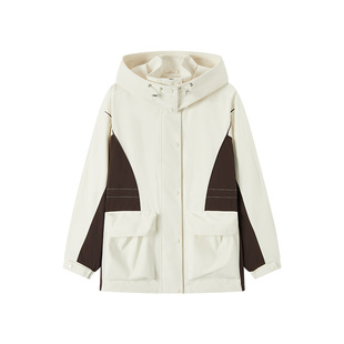 商场同款森马外套女中长款新款秋潮酷宽松连帽紫白色户外防水夹克