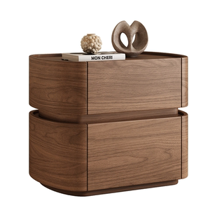 现代简约实木床头柜胡桃木色椭圆形储物柜卧室家具
