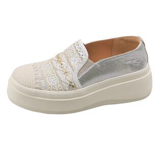 Safiya索菲娅2025春民族风蕾丝草编透气增高厚底渔夫单鞋女一脚蹬