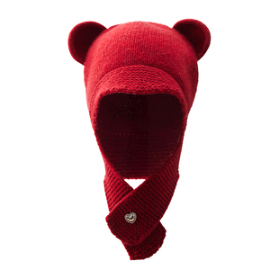 喜气新年红~小熊帽纯羊毛帽子女生冬保暖护脖针织帽巴拉克拉法帽