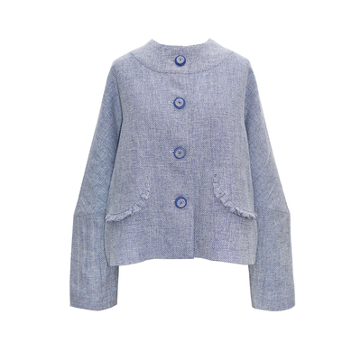 日系半高圆领棉麻蓝灰小个子外套