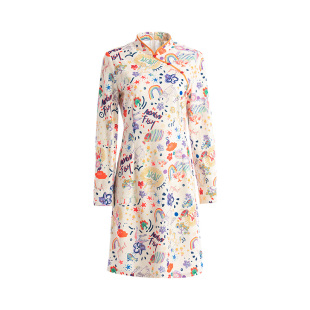 非鱼冬季改良版旗袍新款复古气质趣味印花长袖连衣裙女设计感