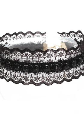 贝之原宿黑色宽边蕾丝编珠脖带
