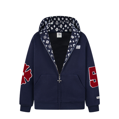 SREK秋冬美式格纹复古宽松休闲字母拉链印花开衫连帽卫衣女