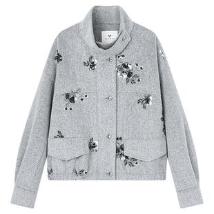 佧茜文通勤夹克外套2025冬季新款重工刺绣珠片花型立领上衣女