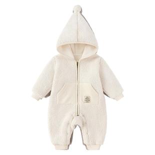 babylove婴儿连体衣秋冬纯色加绒保暖哈衣毛绒爬服宝宝连帽外出服