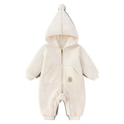 babylove婴儿连体衣秋冬纯色加绒保暖哈衣毛绒爬服宝宝连帽外出服