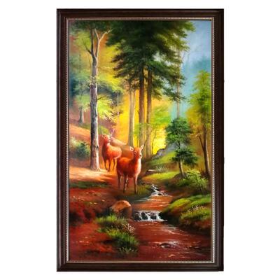纯手绘欧式入户玄关松树鹿油画