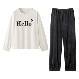 迪士尼海岛绒情侣睡衣秋冬保暖珊瑚绒女外穿运动风男士家居服套装