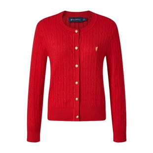 POLOWALK女装针织衫2026春季新款女士圆领绞花针织衫开衫红色毛衣