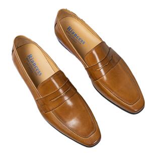 意大利新款英伦男乐福鞋头层牛皮一脚蹬商务休闲皮鞋方头棕色男鞋