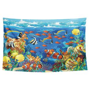 创意热带海底欣赏鱼群插画写真水族馆鱼店装饰画背景墙布海报挂布