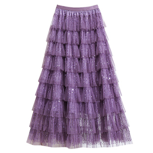 绝美好看紫色层层网纱蛋糕半身裙2026春季新款重工亮片纱裙长裙子