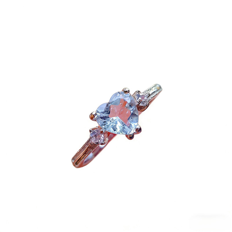 s925银天然海蓝宝戒指女心形轻奢