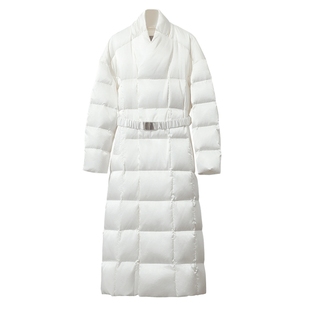 Amii2025冬新款温暖立领交叠门襟卡扣腰带含蚕丝羽绒服女长款上衣