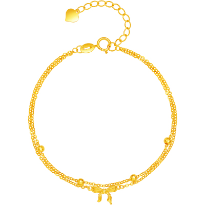 周六福黄18K金手链女金珠蝴蝶结手饰多彩金Au750节日礼物送女友