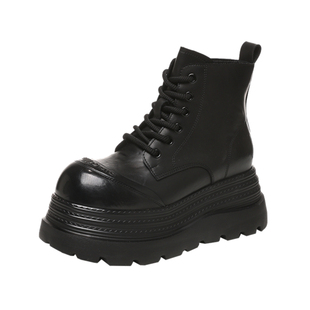 小个子真皮厚底马丁靴女2025秋季新款内增高8CM机车靴松糕小短靴