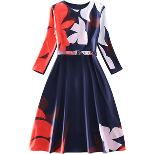 清仓秋装新款气质高端女装修身显瘦A字裙中长款印花七分袖连衣裙