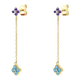 S925纯银链式流苏耳钉彩钻花瓣耳坠欧美时尚ins风幸运四叶花耳钉